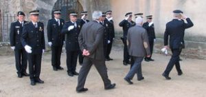 Sant Feliu de Guíxols. Festa Patronal de la Policia Local. Alcalde, Joan Alfons Albó, el regidor de seguretat Francisco Cárdenas, i el cap de la Policia, Josep Miñarro  Careto: No  Foto: Òscar Pinilla 1215#Oscar Pinilla