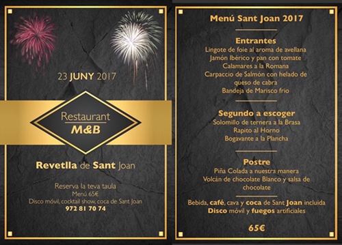 Menú de Sant Joan al restaurant M & B, focs artificials i música