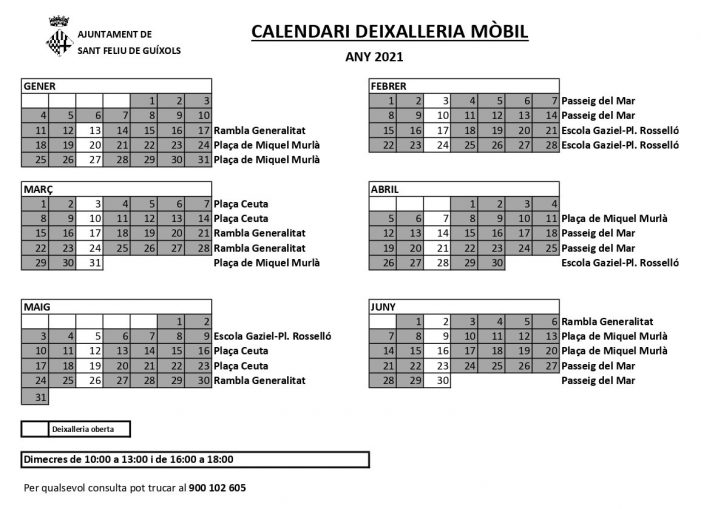 Horaris de la deixalleria fixa i mòbil de Sant Feliu de Guíxols 2021